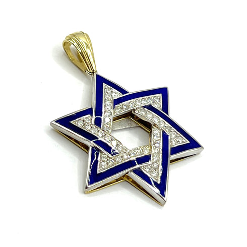 14K Gold & Diamond With Blue Enamel Star of David Necklace